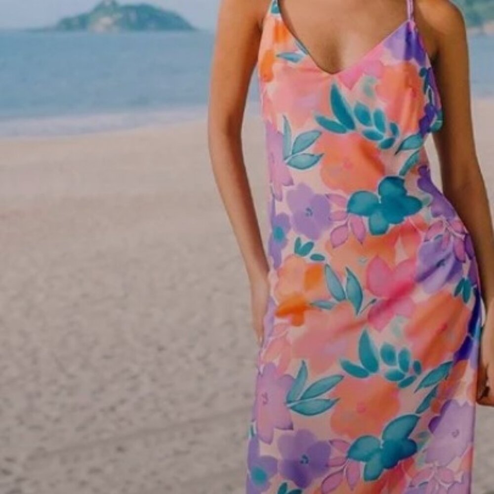 Cupshe Sakura Cream Pink Orange Multicolor Floral Midi Slip Dress Crossback M